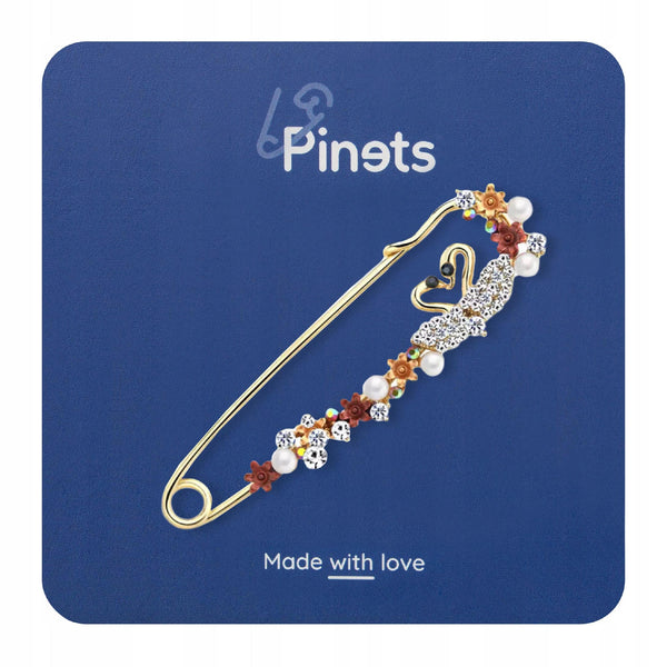 Swans with flowers, safety pin brooch with zircons