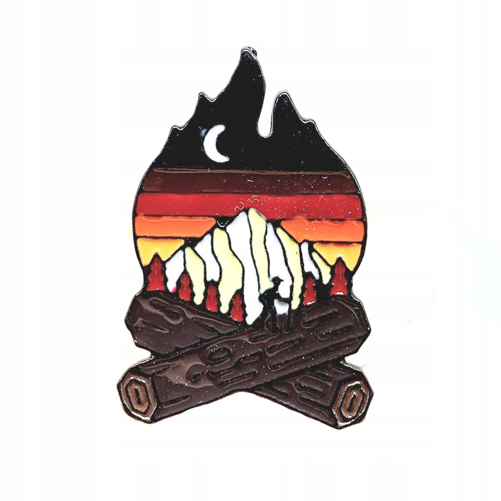 Bonfire with a mountain landscape enamel pin