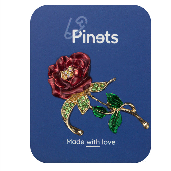 Red Rose Flower Brooch with Zircons