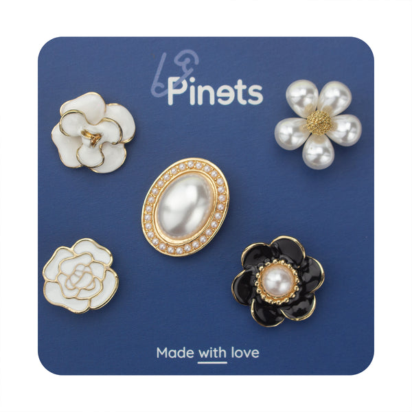 Set of 5 Enamel Pins - Flowers and Pearls