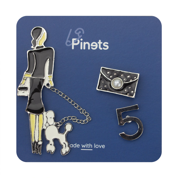 Set of 3 Brooches - Girl with a Dog, Five Symbol and Black Handbag