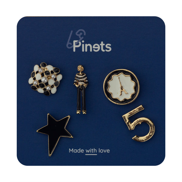 Set of 5 Enamel Pins - Boy, Star, Five, Eiffel Tower and Dice with Pearls