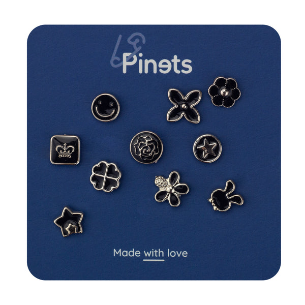 SET of 10 Enamel Pins - Stars, Flowers, Crown, Bunny, Clover and Smiling Face