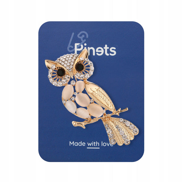 Owl with cubic zirconia - golden brooch for a gift