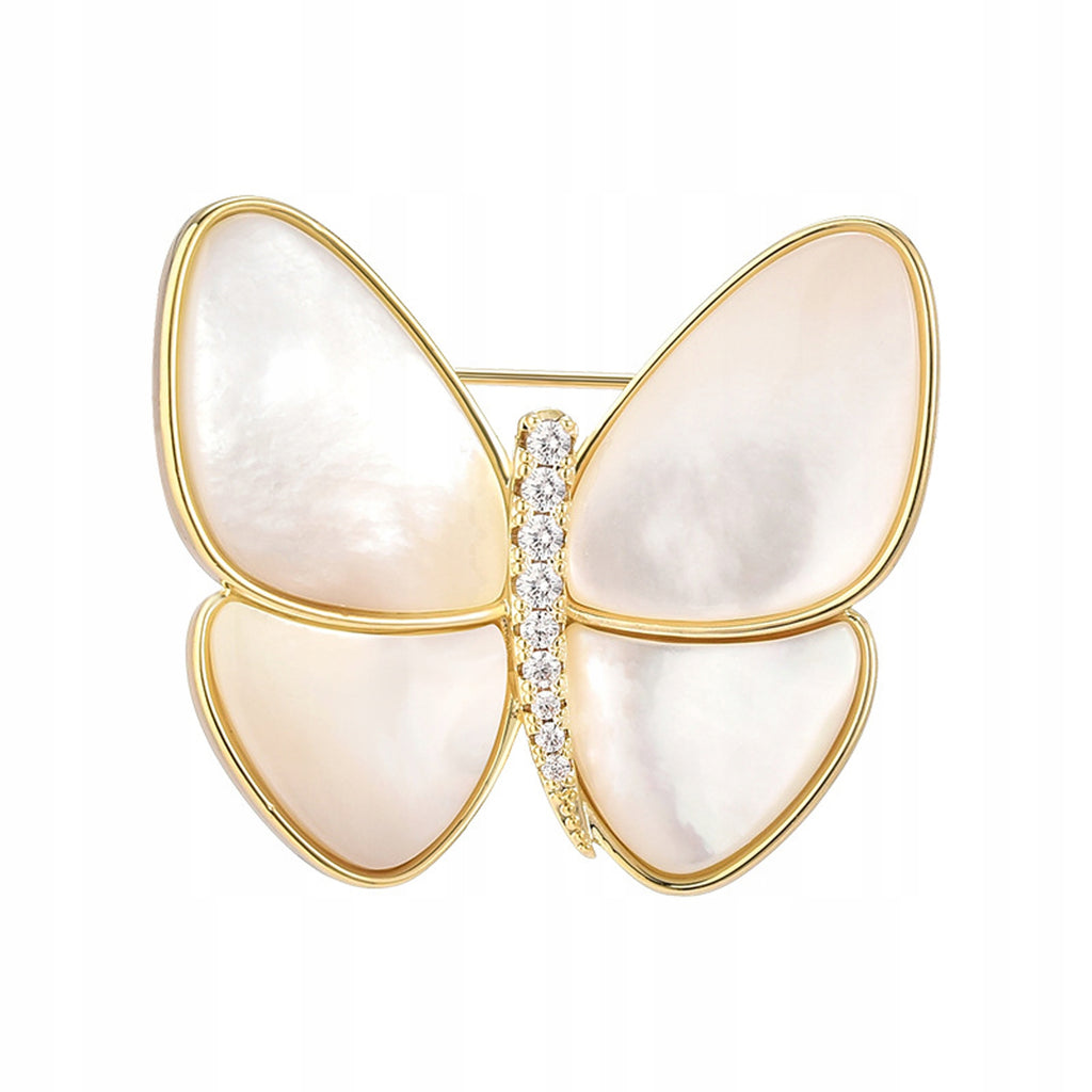 White butterfly filled with nacre - 14K gold-plated brooch