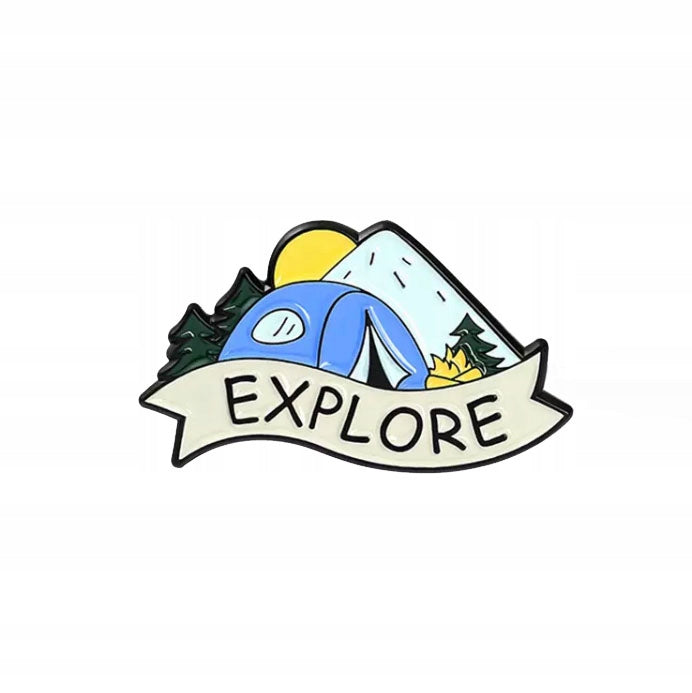 Mountain pin with a tent and Explore message