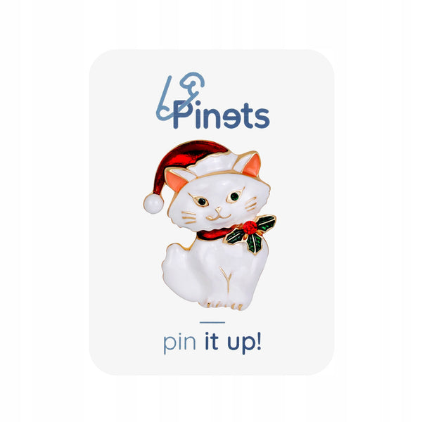 White kitten with Santa's hat - decorative brooch for Christmas