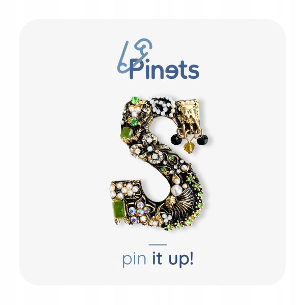Letter S golden brooch with zircons
