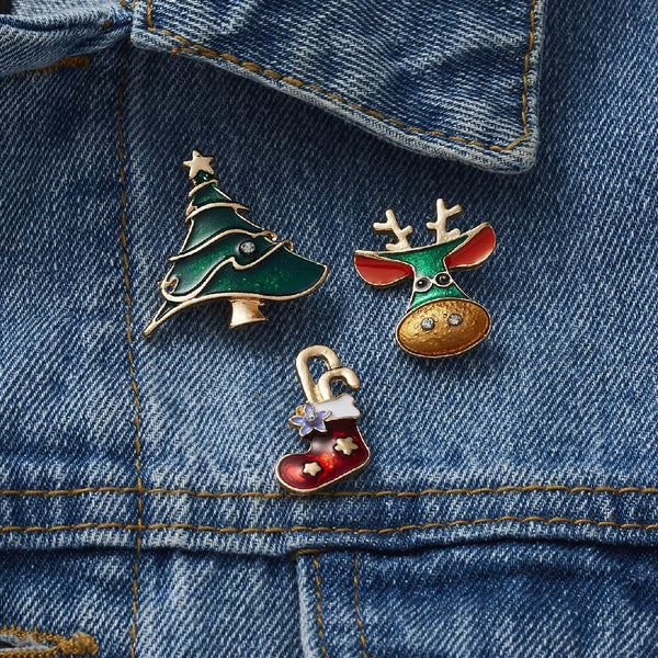 Set of 3 Christmas enamel pins reindeer, Christmas tree and sock