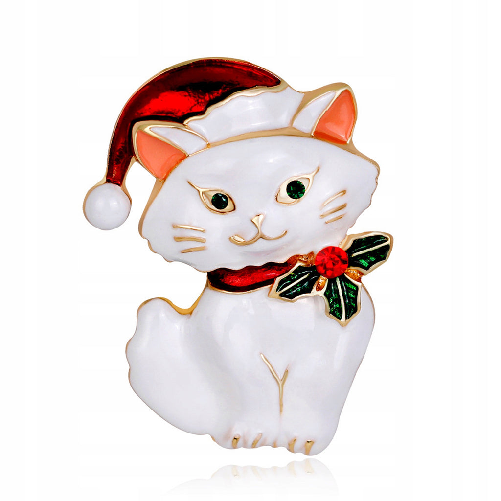 White kitten with Santa's hat - decorative brooch for Christmas