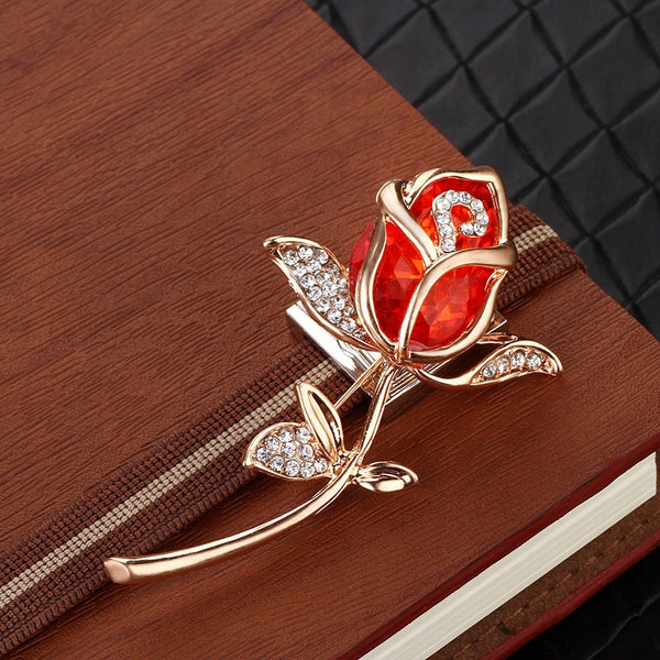 Red Rose Brooch with Zircons