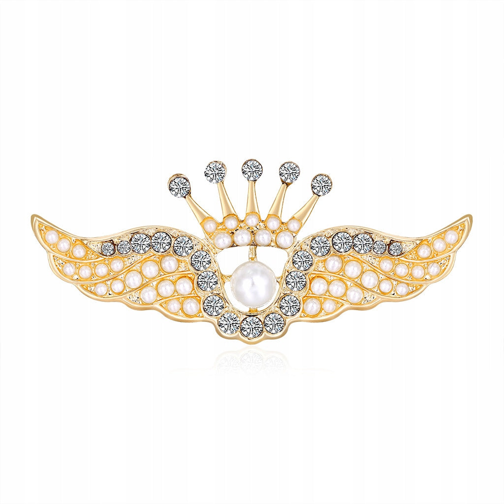 Wings with a crown - golden brooch with cubic zirconia and a pearl