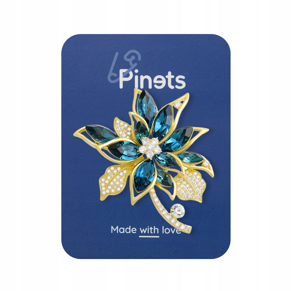 Blue flower with cubic zirconia - 14k gold-plated brooch