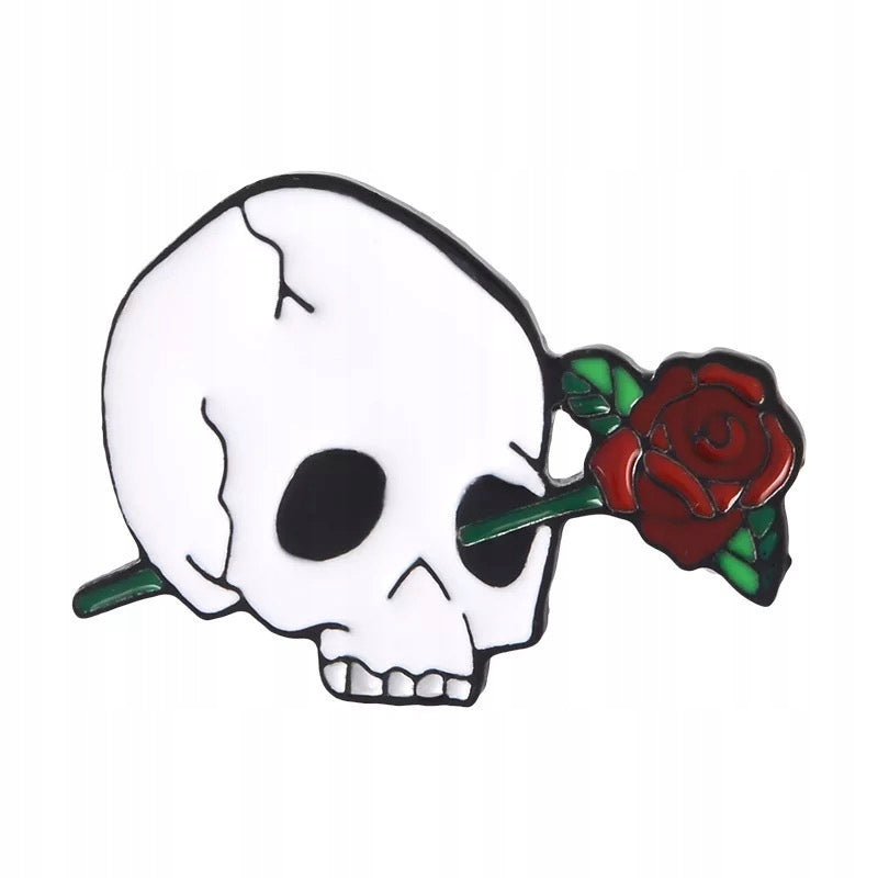 Skull with Red Rose Enamel Pin