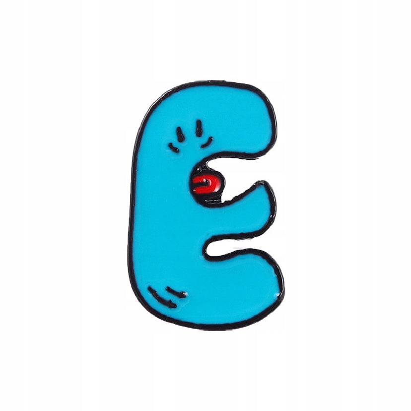 Letter E with tongue - a blue enamel pin