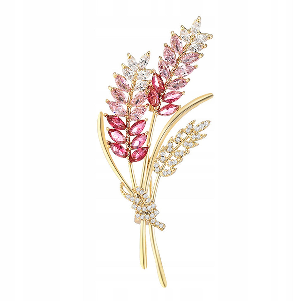 Ears of cereals with pink zircons - 14K gold-plated brooch