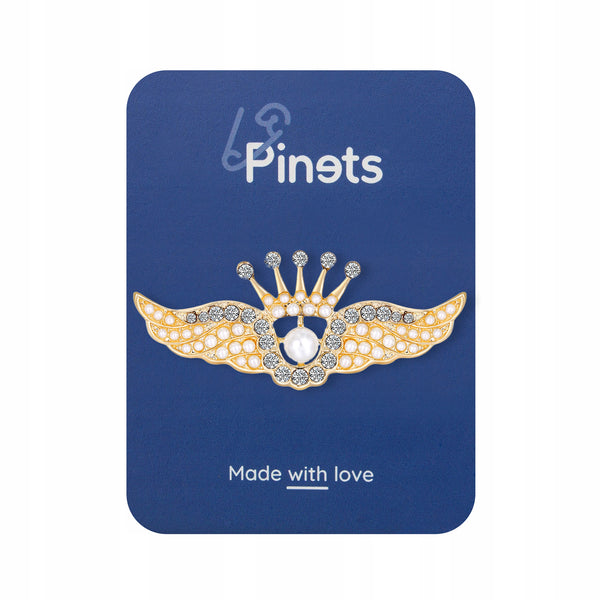 Wings with a crown - golden brooch with cubic zirconia and a pearl