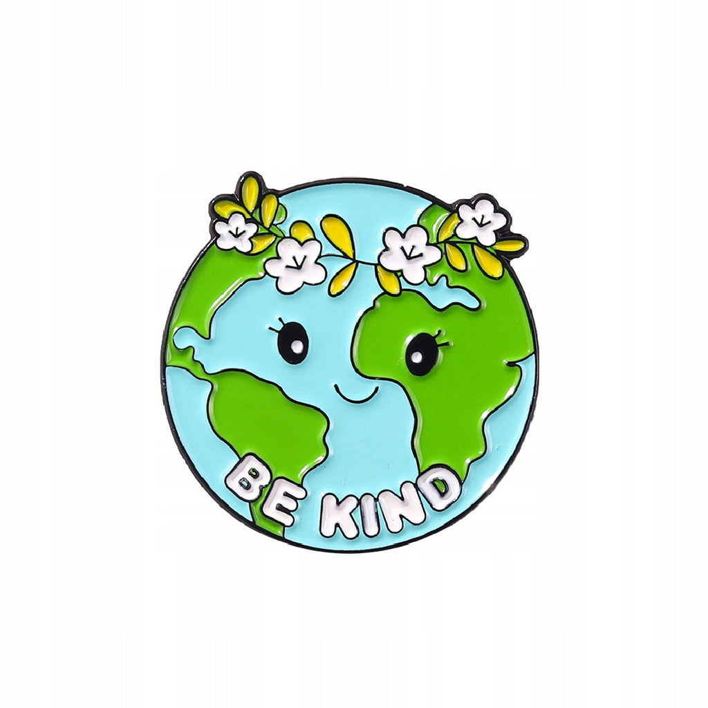Ecological pin in the shape of the planet Earth with a wreath with the slogan "Be Kind"