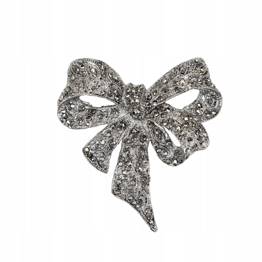 Silver bow with zircons - brooch