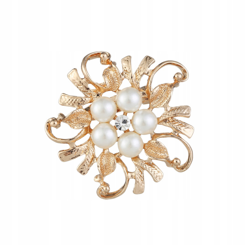 Golden flower with pearls - brooch with cubic zirconia