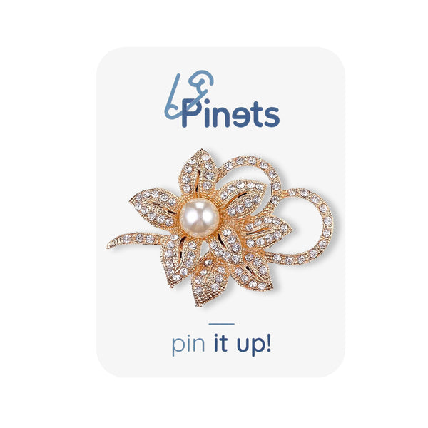 Golden Flower Brooch with a Pearl and Zircons