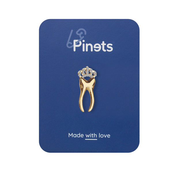 Golden Tooth with Crown Enamel Pin with Zircons