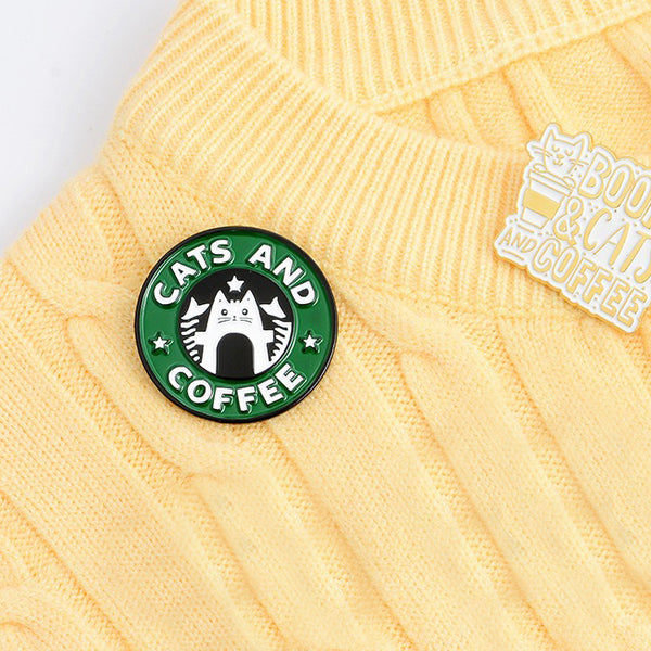 Cats and Coffee enamel pin with a cat