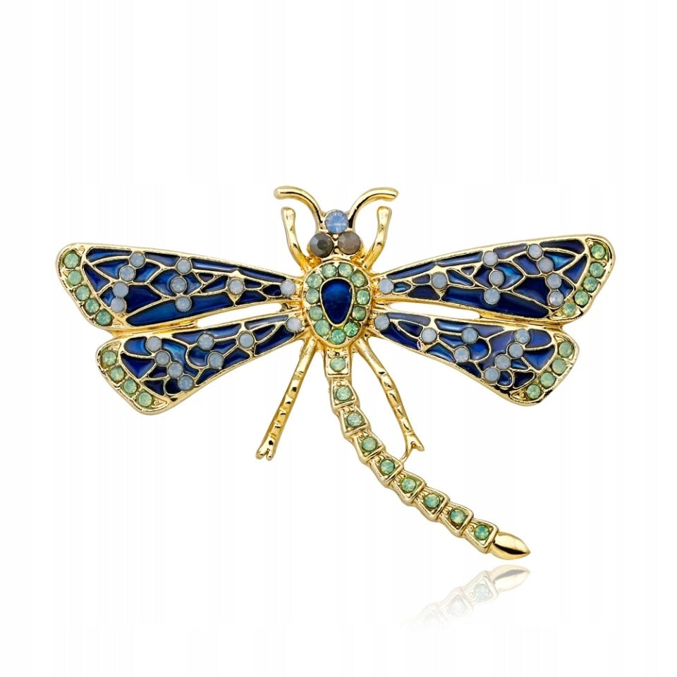 Golden dragonfly brooch with zircons and stones