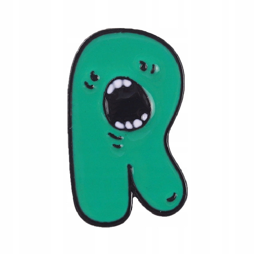 Letter R with an open mouth - green enamel pin
