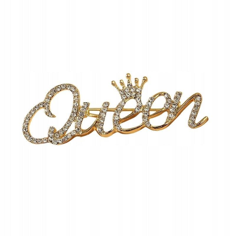 Queen golden inscription with a crown - brooch with cubic zirconia