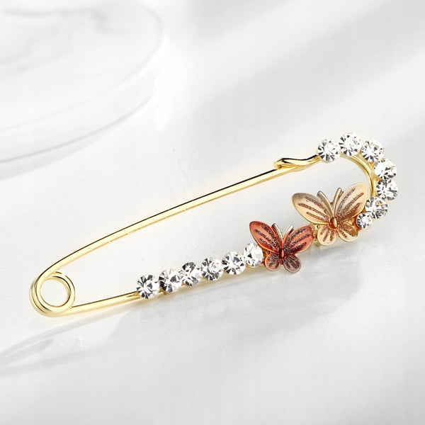 Safety Pin Brooch with Butterflies