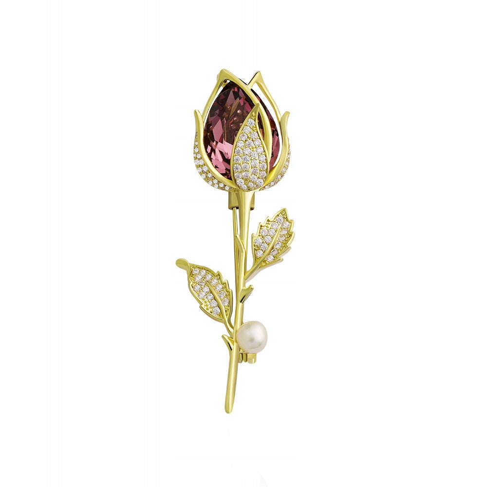 Rose with cubic zirconia and a pearl - 14K gold-plated brooch