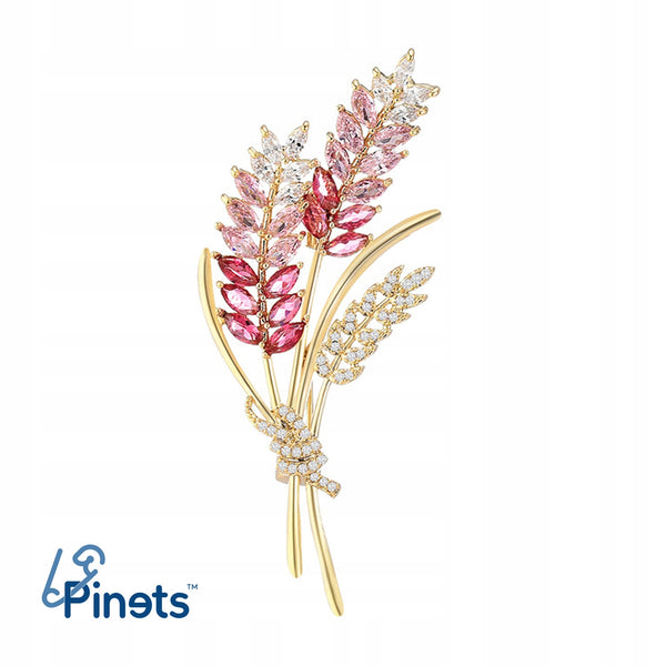 Ears of cereals with pink zircons - 14K gold-plated brooch