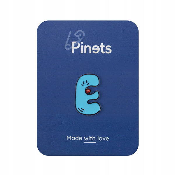Letter E with tongue - a blue enamel pin
