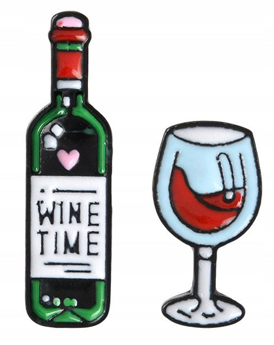 WINE TIME Glass and a Bottle of Wine Set of 2 Enamel Pins