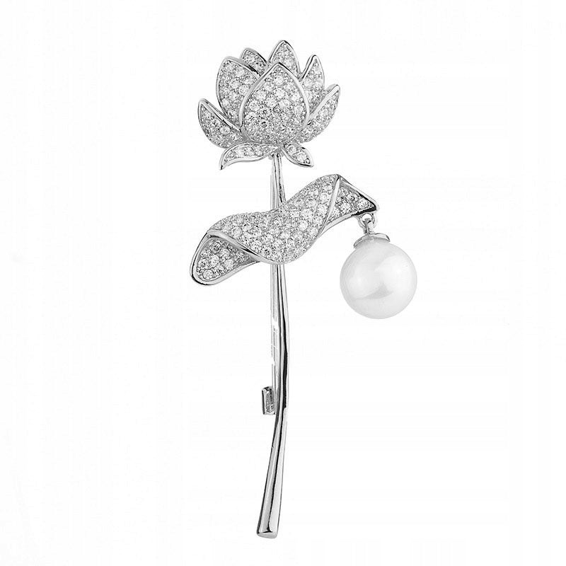 Silver rose brooch plated with 14k white gold