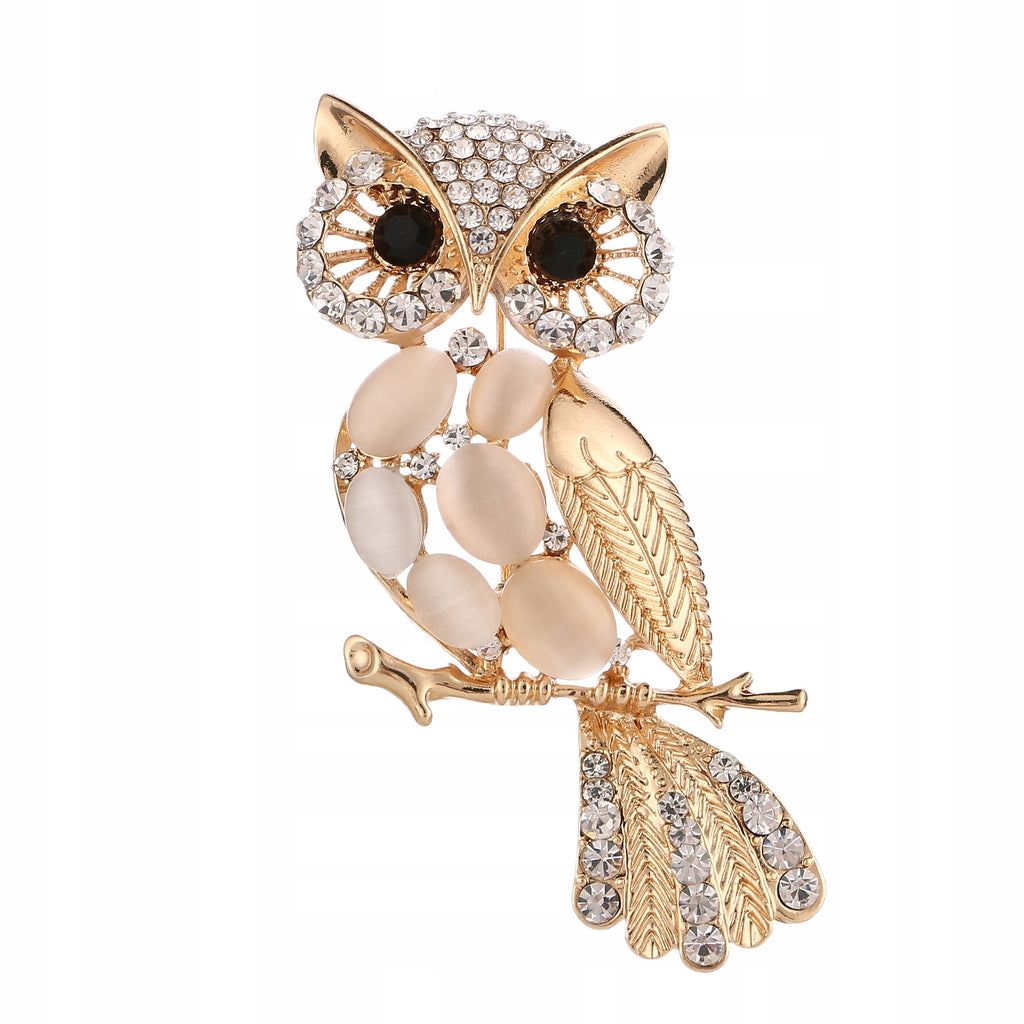 Owl with cubic zirconia - golden brooch for a gift